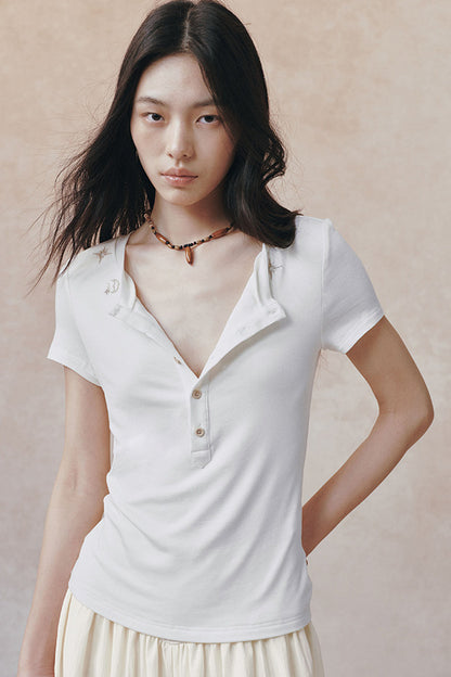 Embroidered Lyocell Henley Top