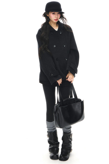 Black Wool Doll Collar Coat Set-Up