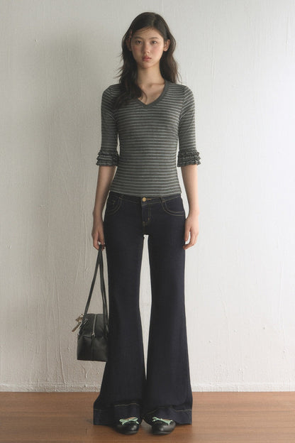Striped Ruffled Patchwork Mid-Sleeve Top and Pants Set-Up