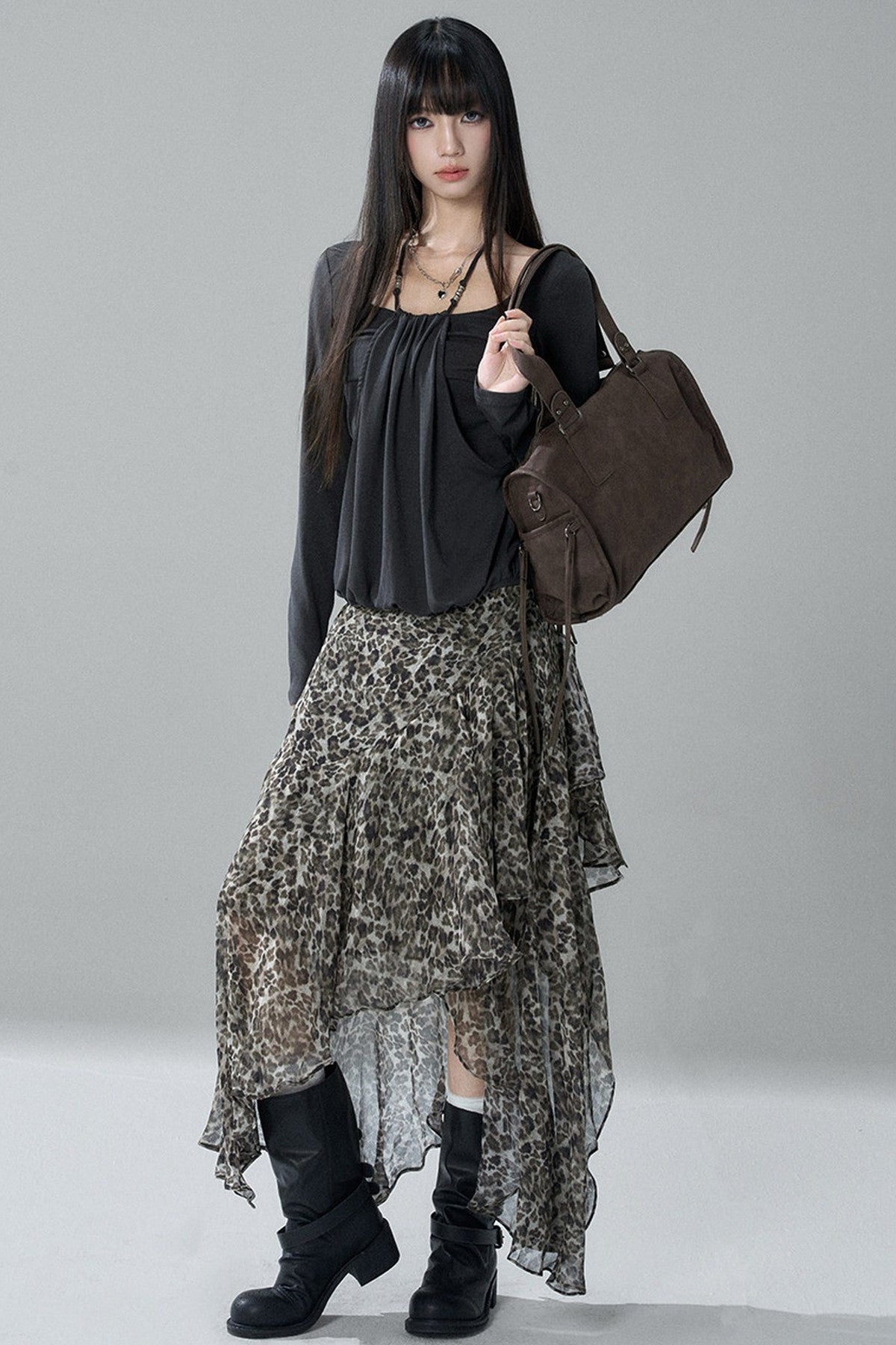 Asymmetrical Leopard Print Chiffon Skirt