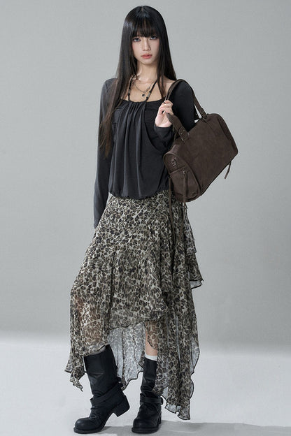 Asymmetrical Leopard Print Chiffon Skirt