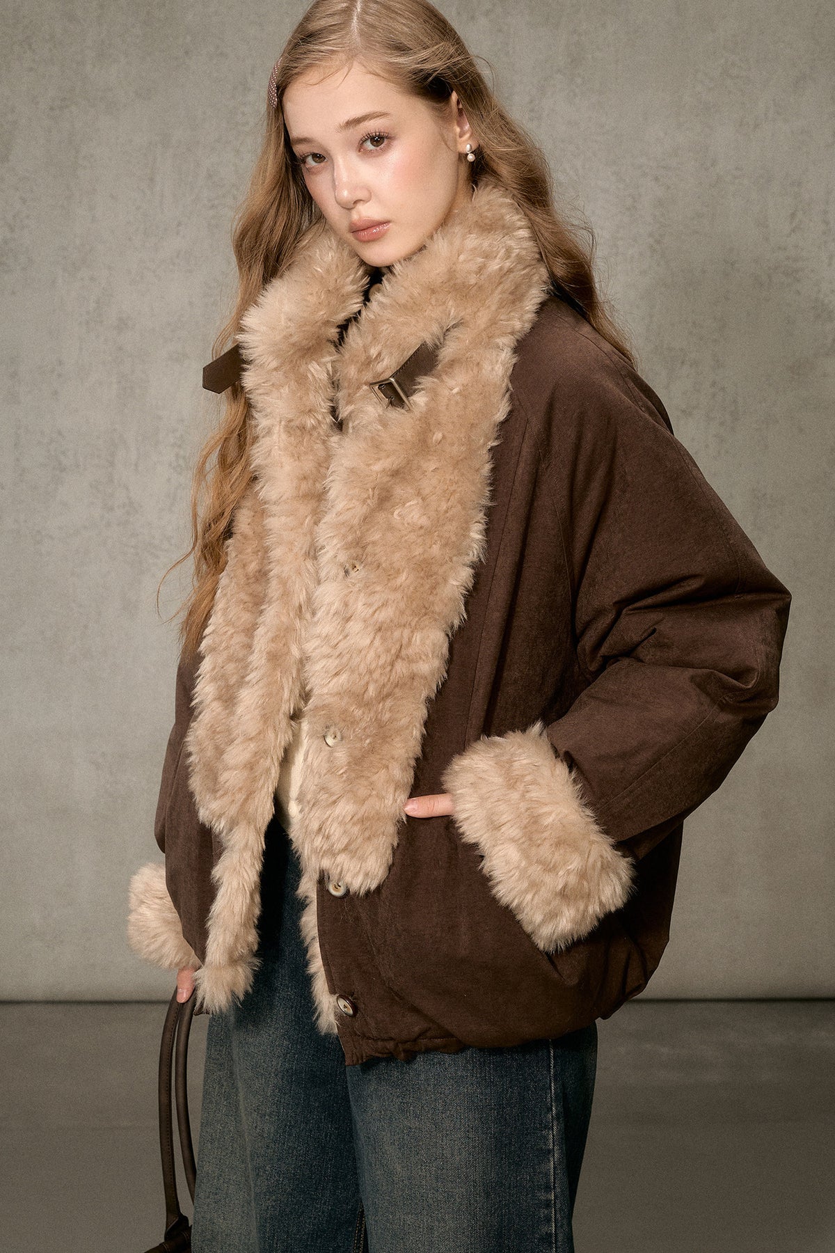 Wheat Spike Floral Plush Stand Collar Jacket