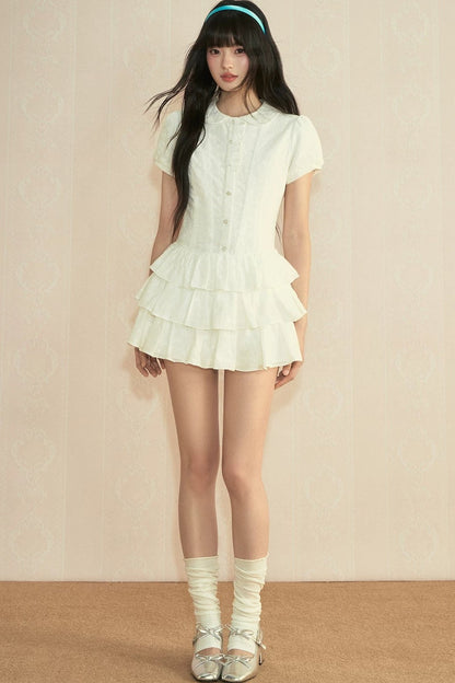 College Style Puff Sleeve Shirt Dress