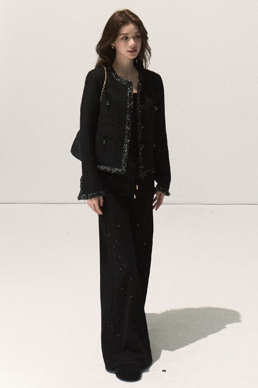 Silver-Embellished High-Waisted Wide-Leg Pants