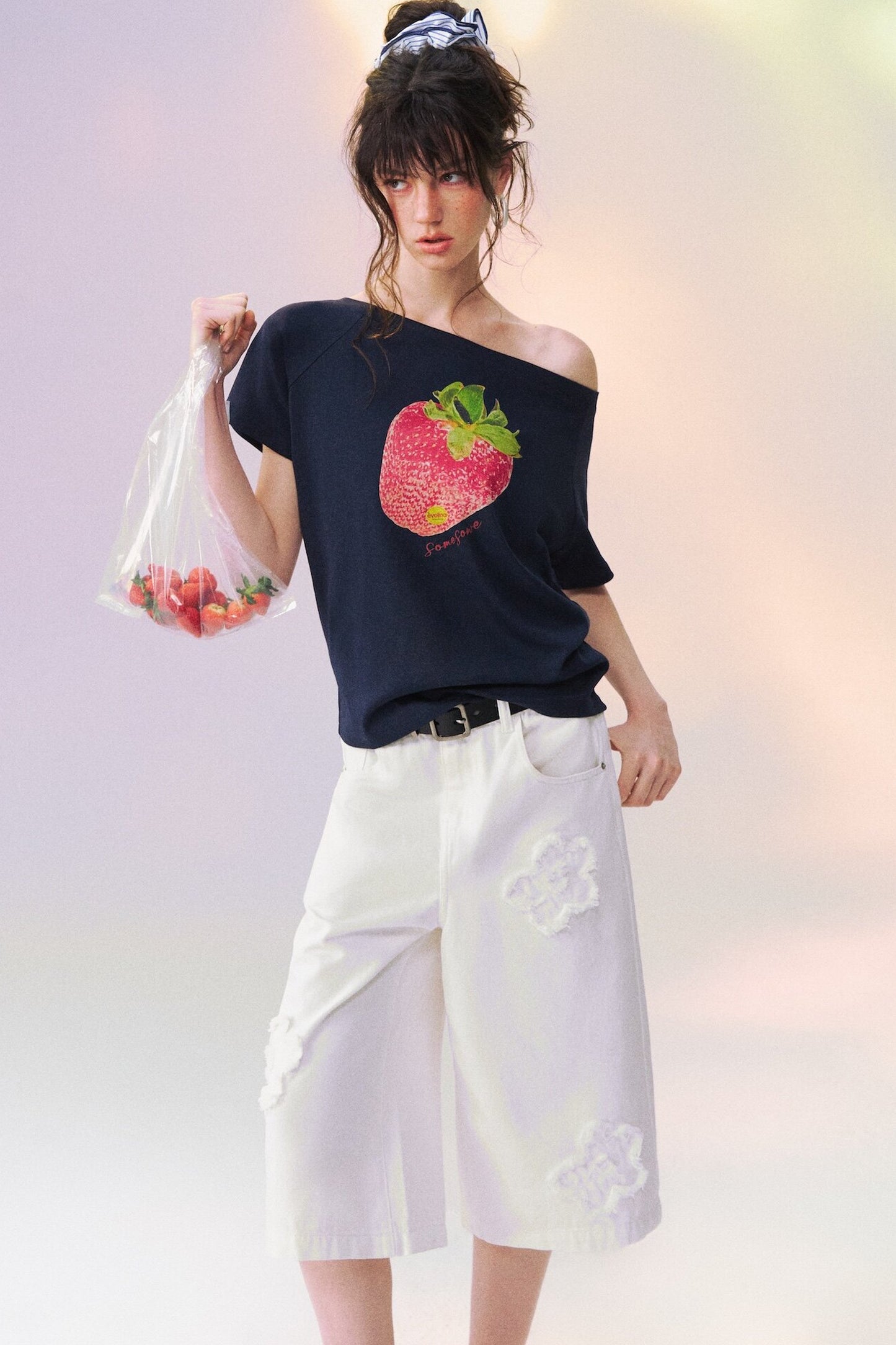 Strawberry Print One-Shoulder Blouse