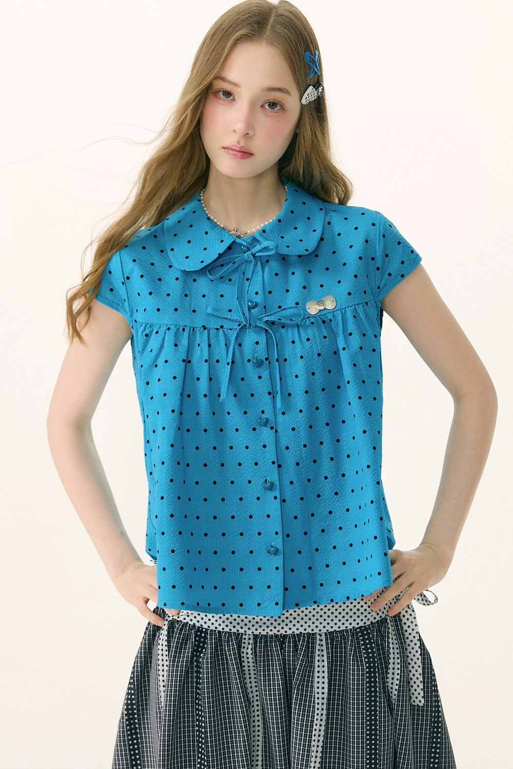 Blue Polka Dot Bow Blouse