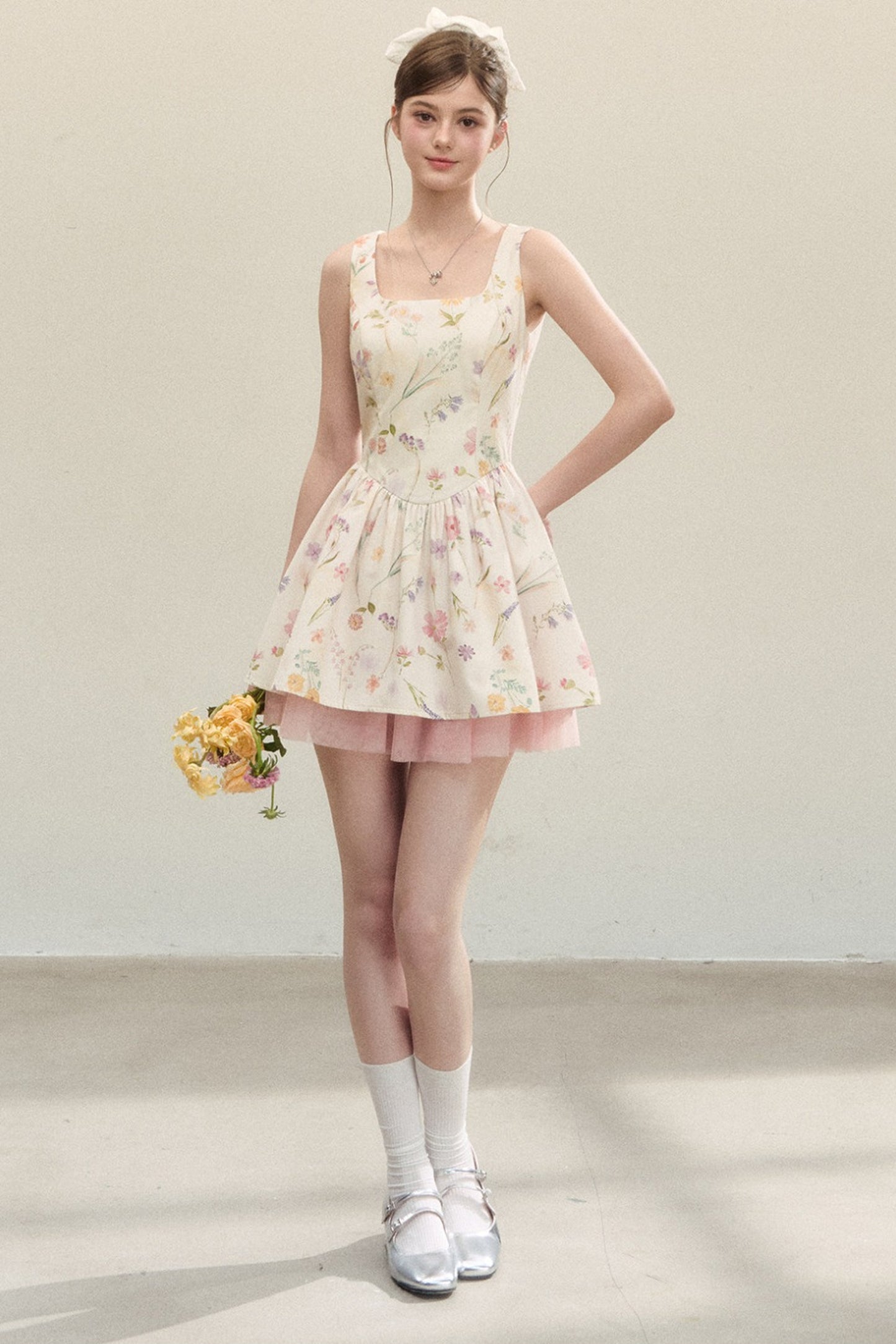 Floral Puffy Suspender Dress