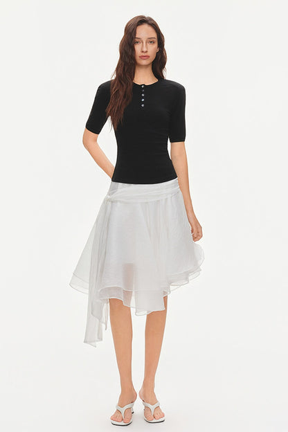 Padded Shoulder Henley Knit Top