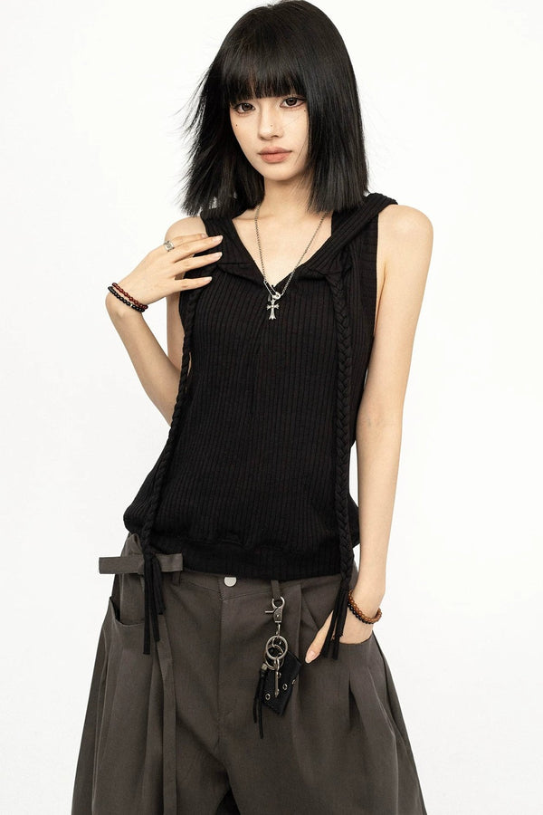 Black Hooded Vest Top