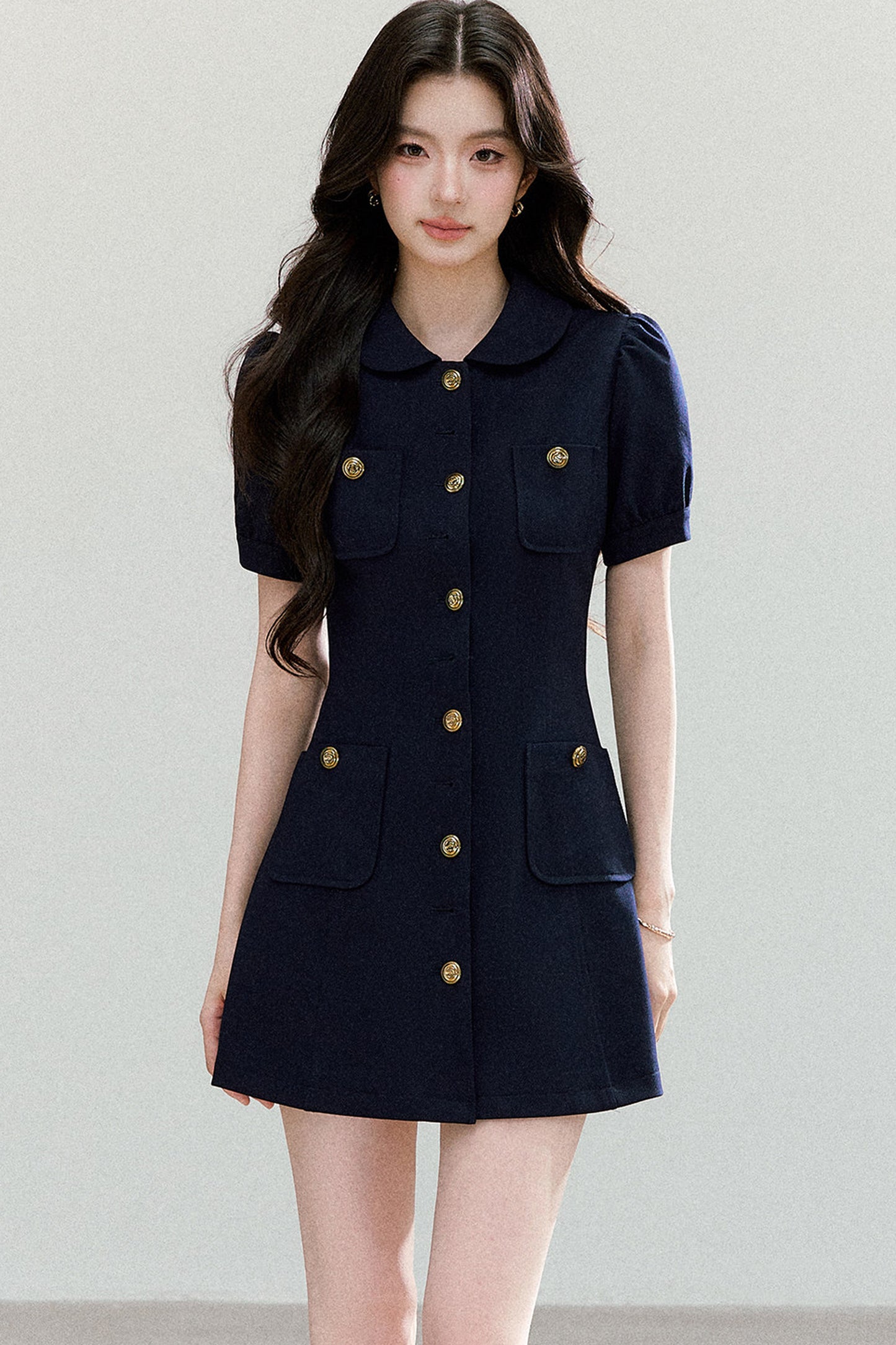 Navy Blue Puff Sleeve Collar Dress