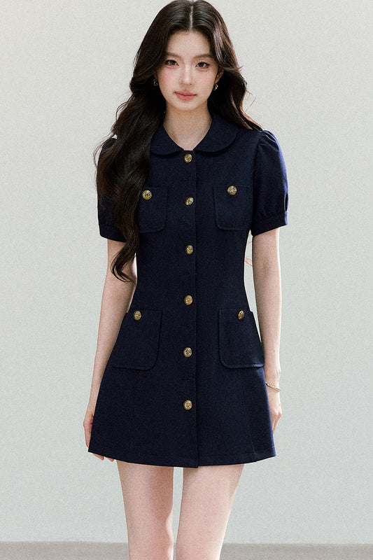 Navy Blue Puff Sleeve Collar Dress