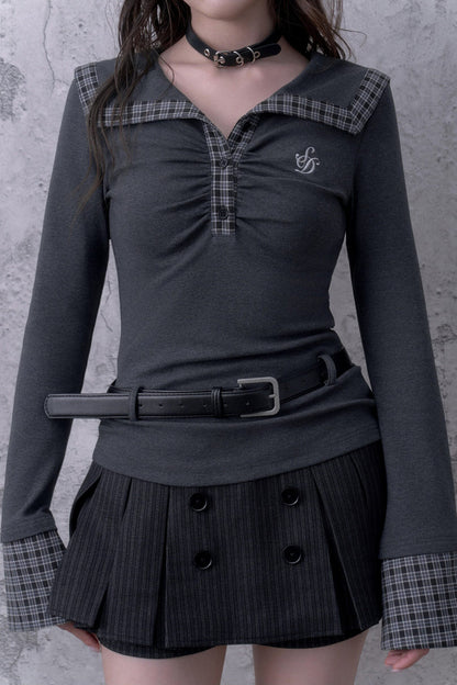Gray Large Lapel Ruched Patchwork Blouse