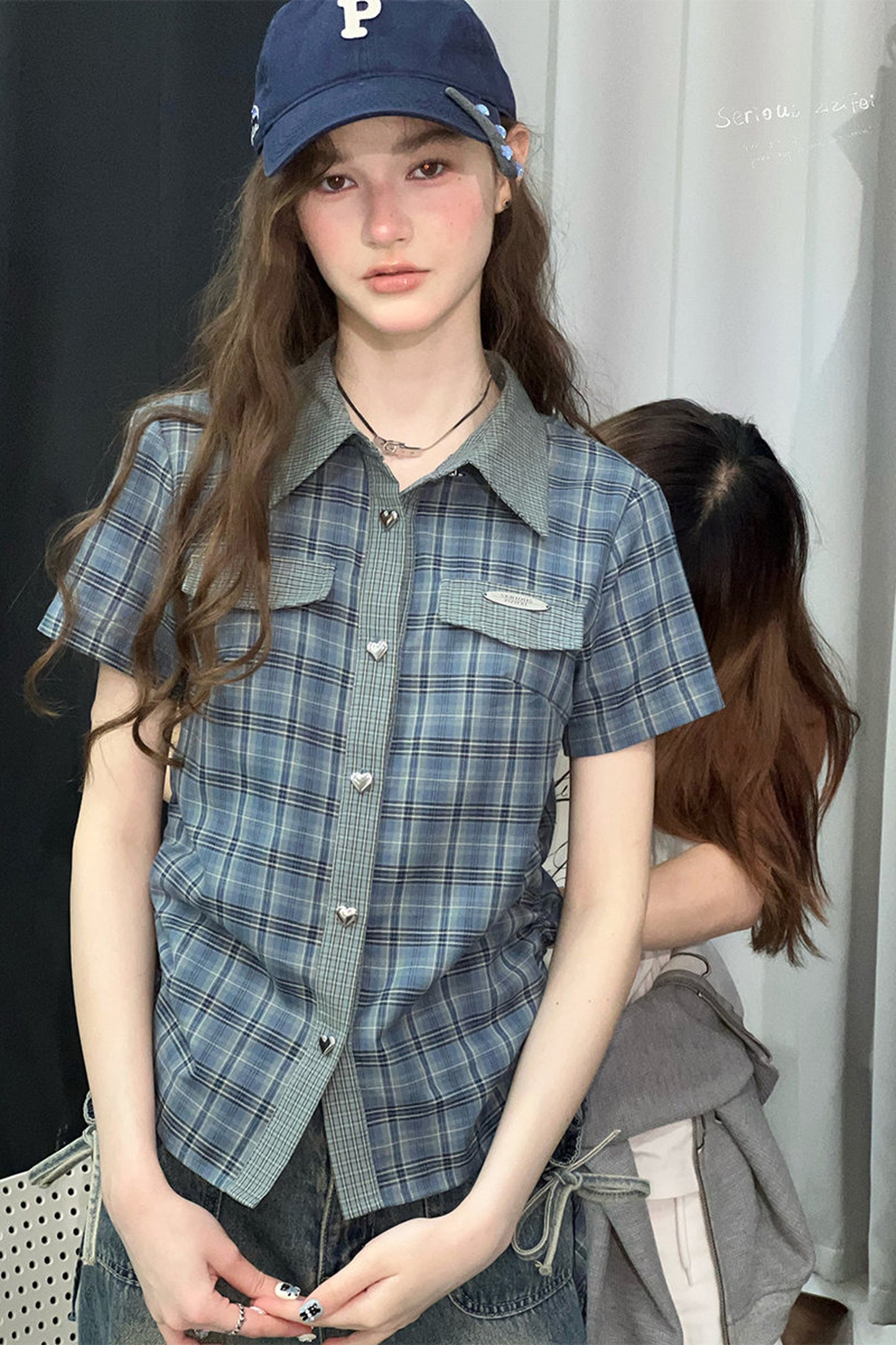 Camicia a maniche corte con motivo scozzese blu e verde
