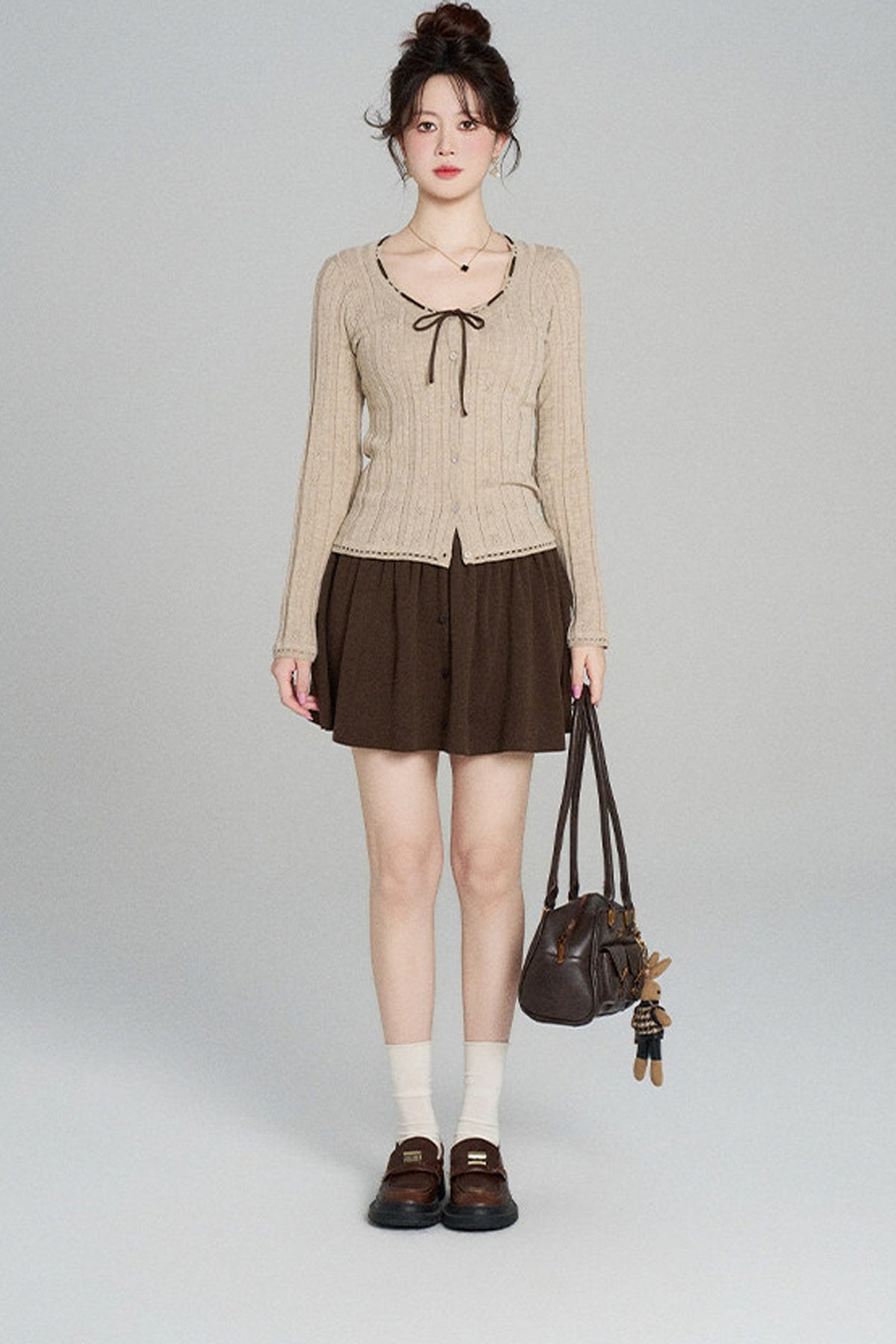 Hollow-Out Knit Cardigan and Skirt Set-Up