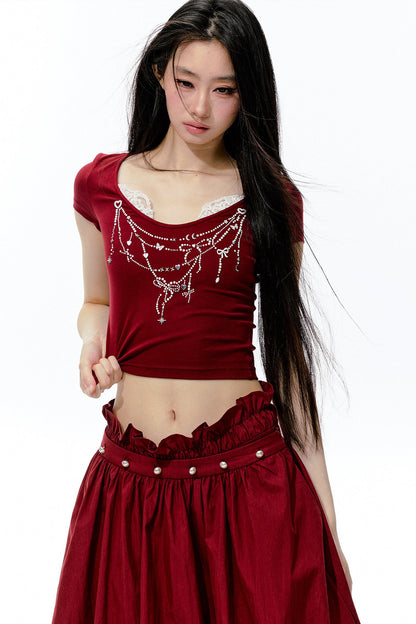 Pearl Rhinestone T-Shirt, Flower Bud Skirt and Pants Set-Up