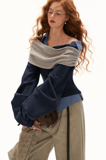 Plaid Patchwork Off-Shoulder Long-Sleeve Sweatshirt