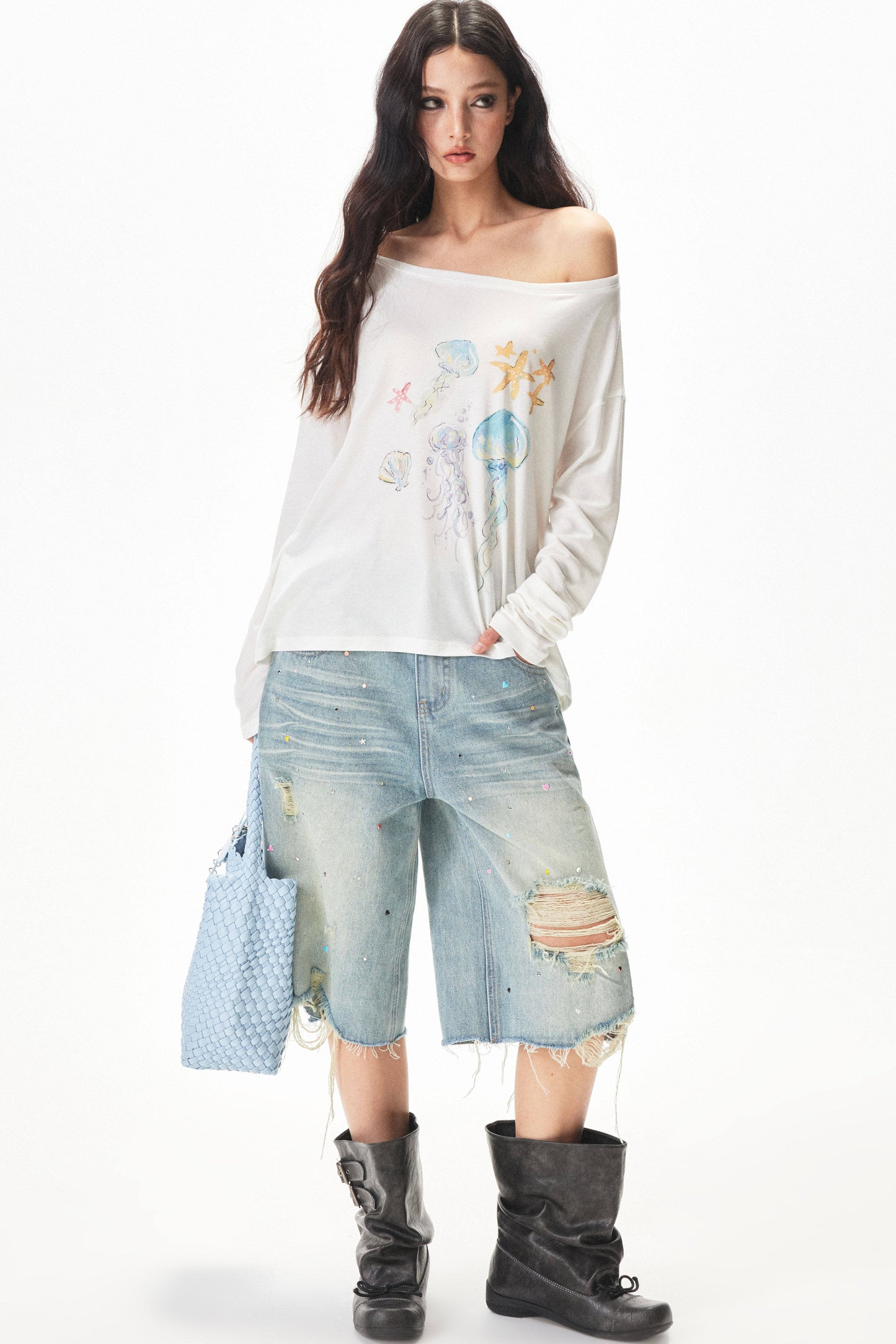 Watercolor Print Off-shoulder Long Sleeve Top