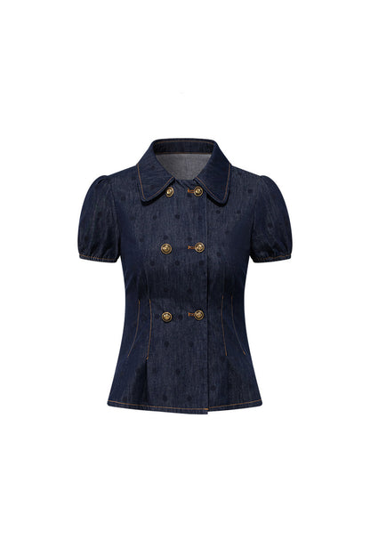Denim Short-Sleeved Top and A-Line Skirt Set