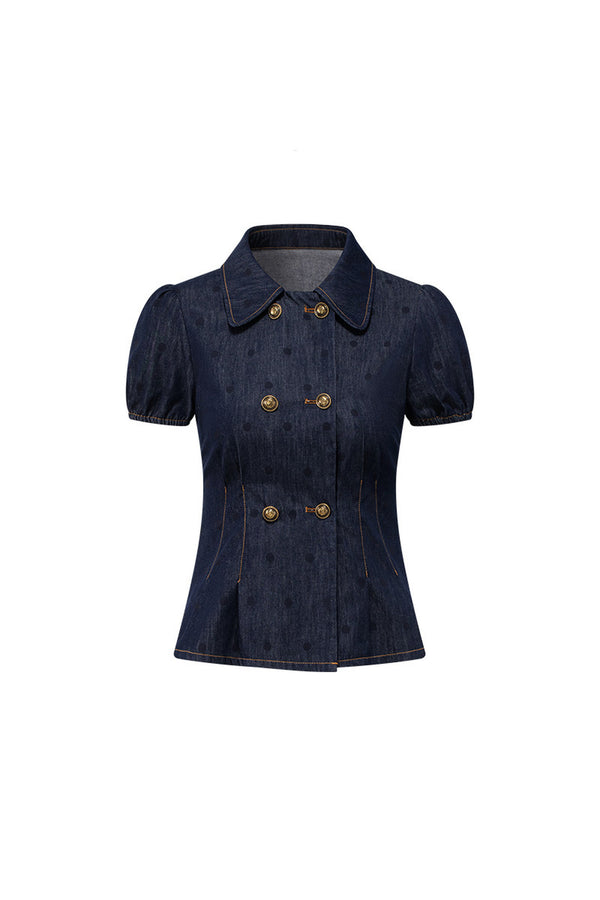 Denim Short-Sleeved Top and A-Line Skirt Set