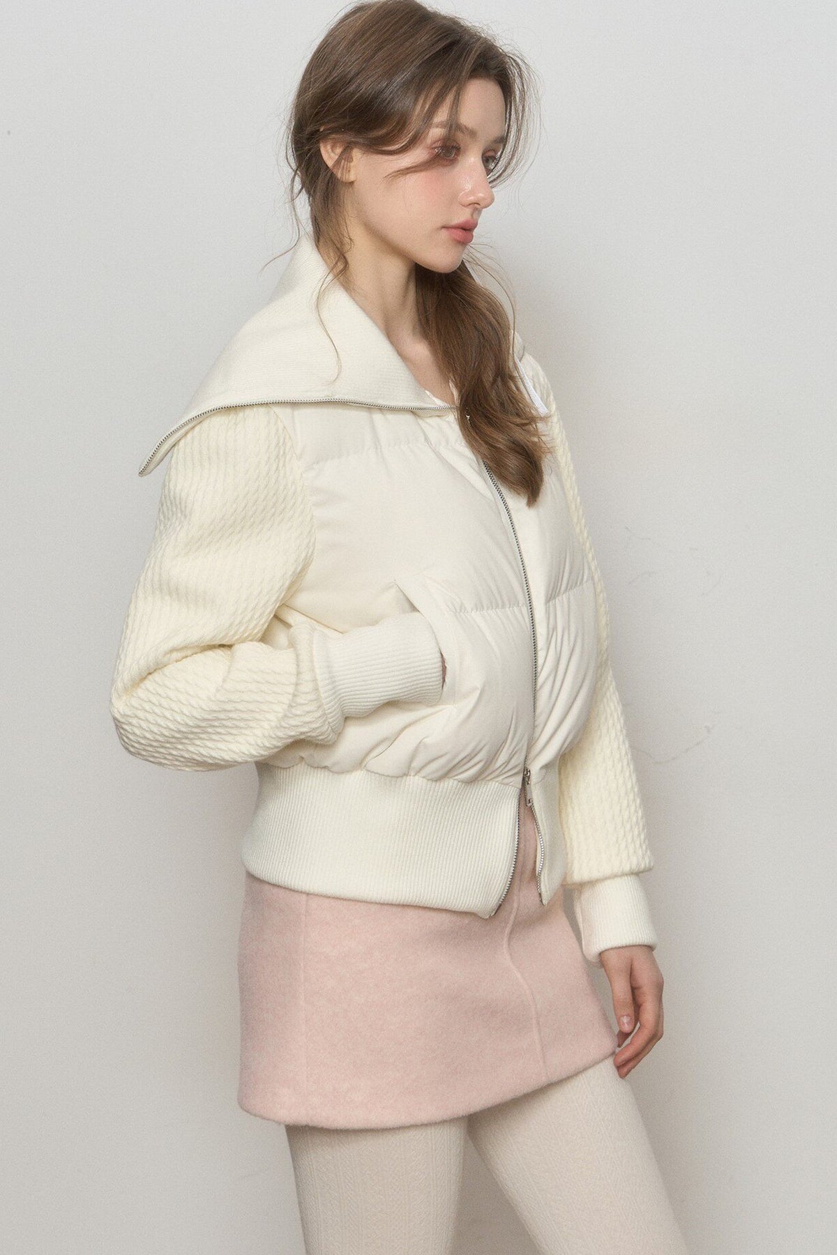 White Sailor Collar Sweater Sleeve Spliced Short Down Jacket