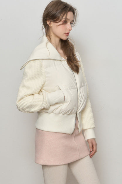 White Sailor Collar Sweater Sleeve Spliced Short Down Jacket
