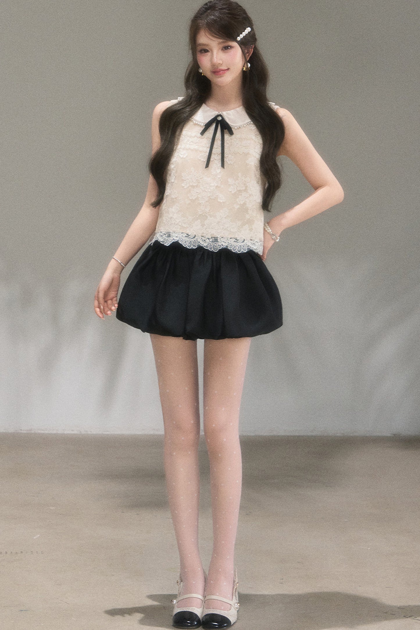 Doll Collar Lace Top and Floral Skirt Set-Up