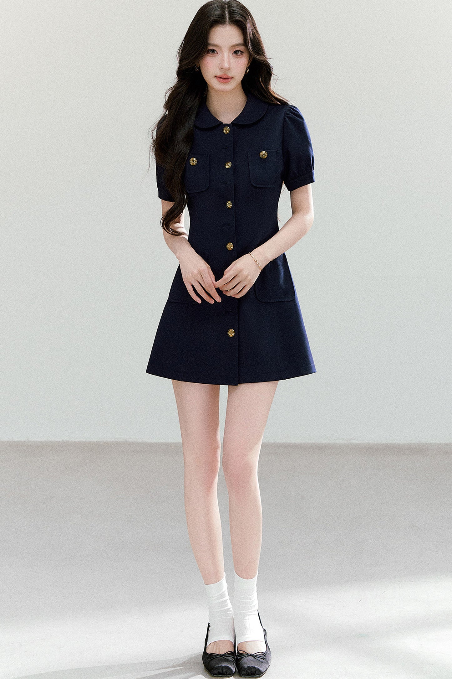Navy Blue Puff Sleeve Collar Dress