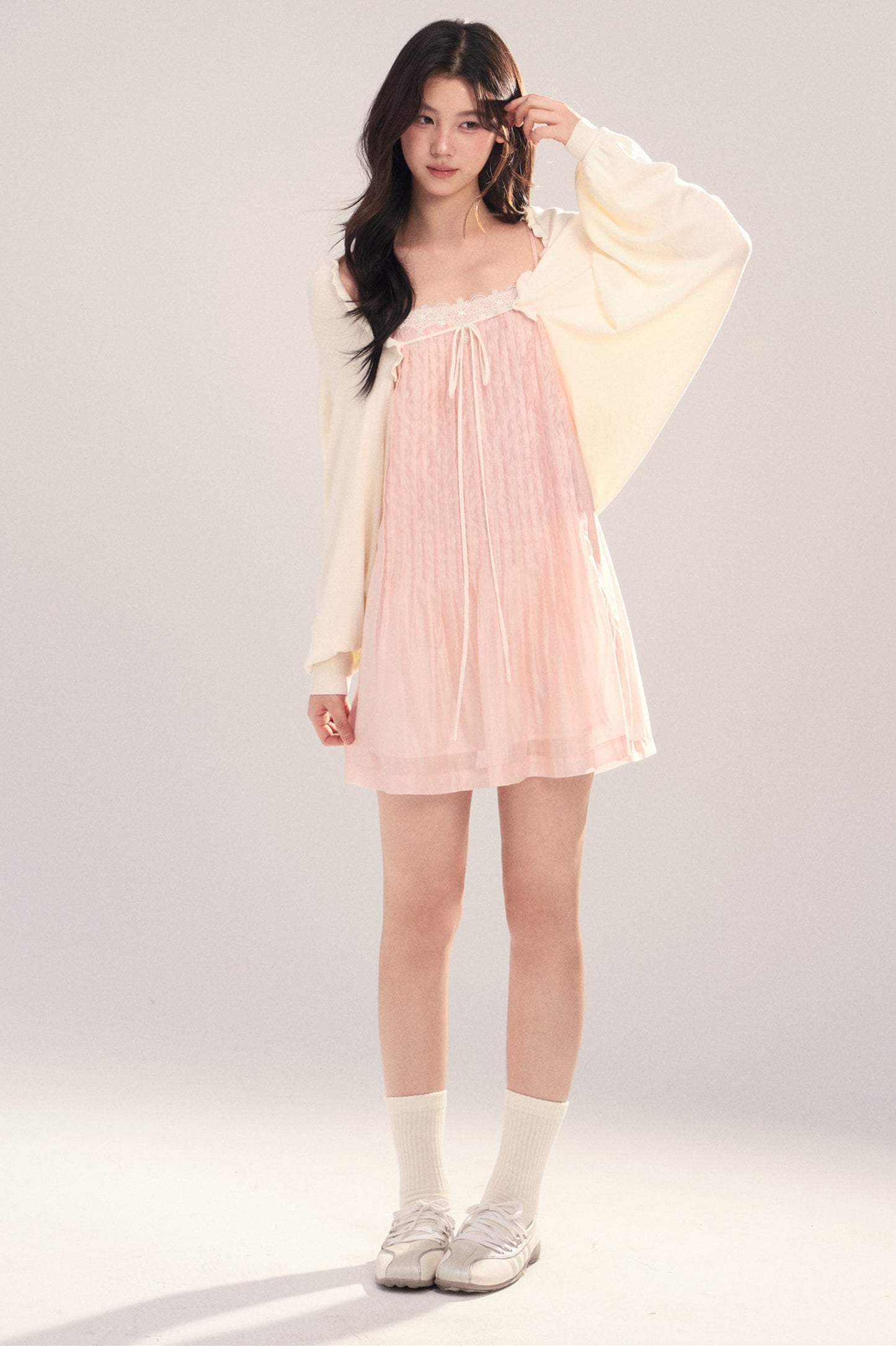 Suspender Dress with Lantern Sleeve Shawl Cardigan Set-Up