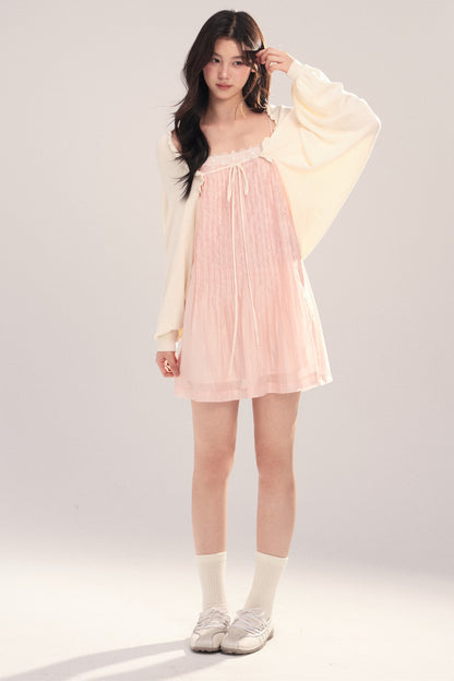 Suspender Dress with Lantern Sleeve Shawl Cardigan Set-Up