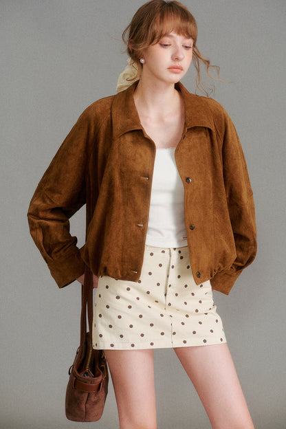 Retro Lapel Pleated Short Suede Jacket