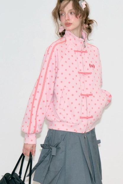 Pink Polka Dot Zipper Sweatshirt Jacket