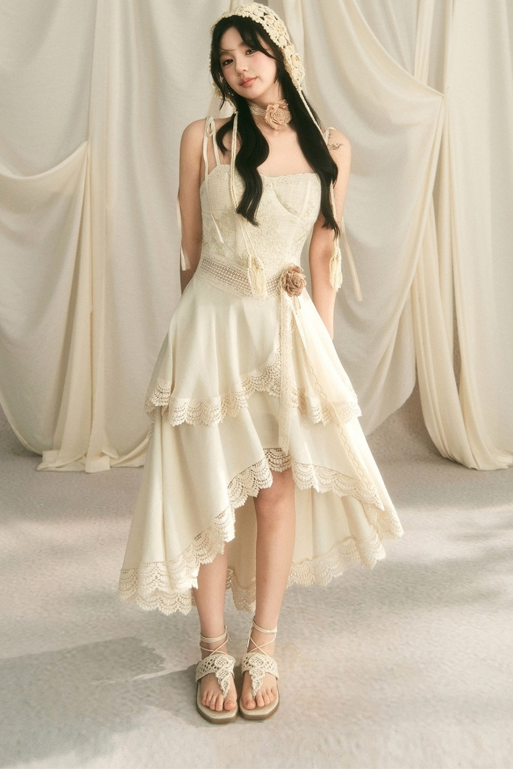 French Heavy Lace Trailing Strap Dress