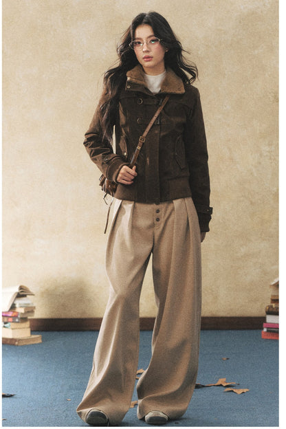 Khaki Wide-Leg Casual Pants