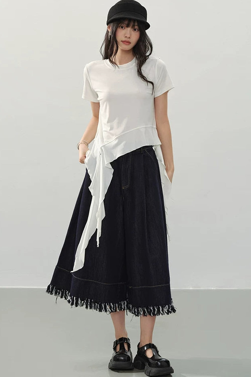 Black Fringe Wide-Leg Denim Culottes