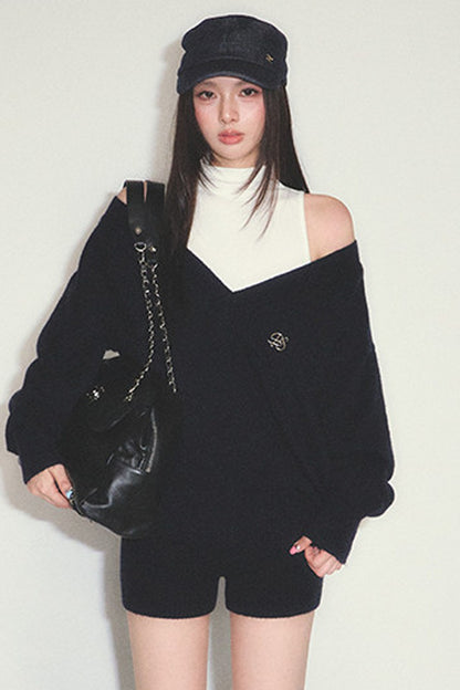 V-Neck Knitted Sweater with White Vest and Shorts Set