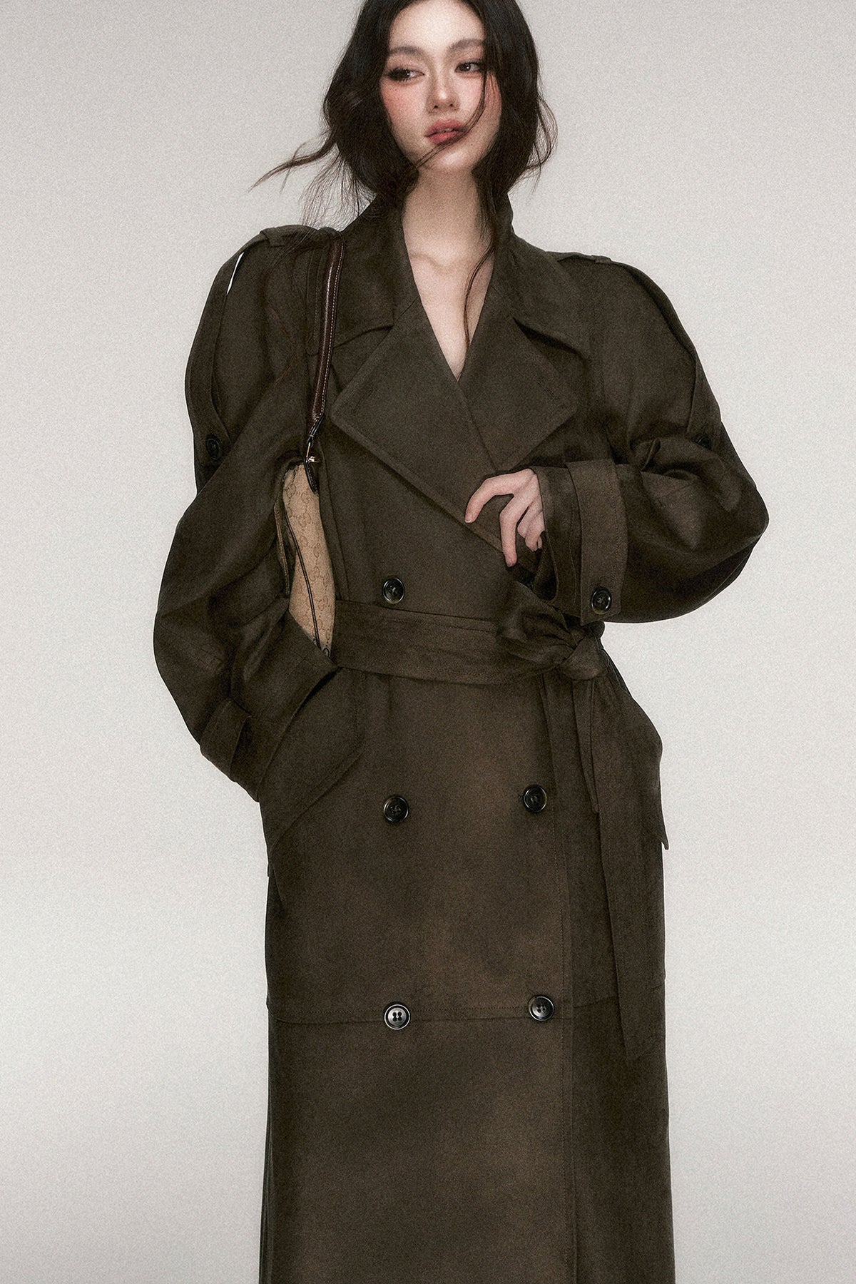 Brown Coffee Suede Long Trench Coat