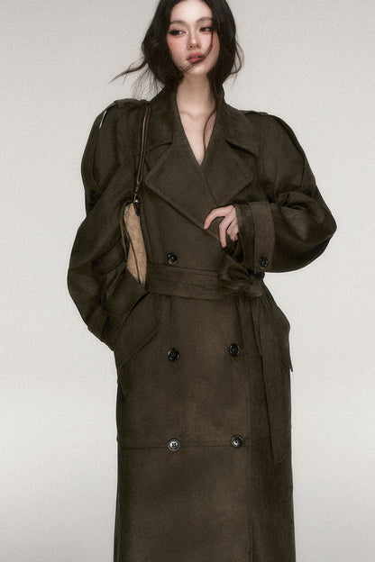 Brown Coffee Suede Long Trench Coat