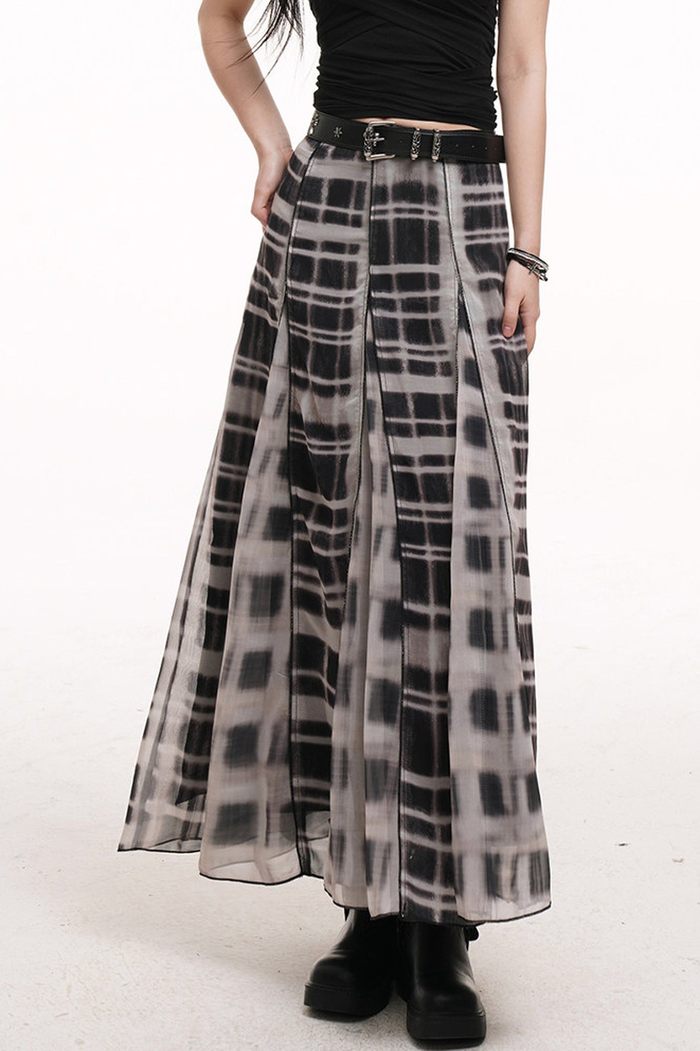 Gray Plaid Pleated Long Skirt