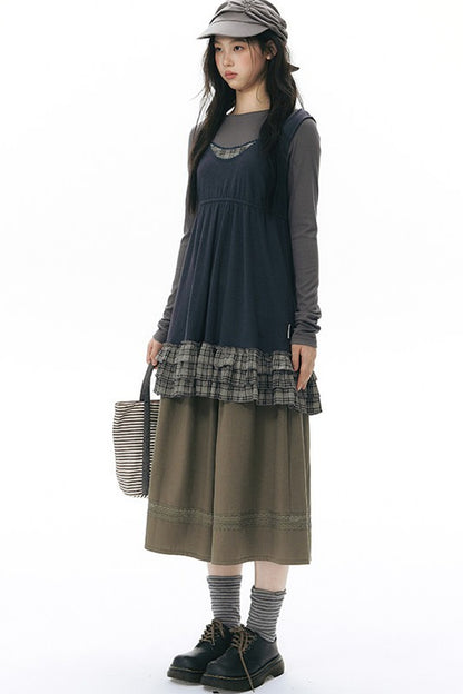 Plaid Ruffle Sleeveless Knit Vest Dress