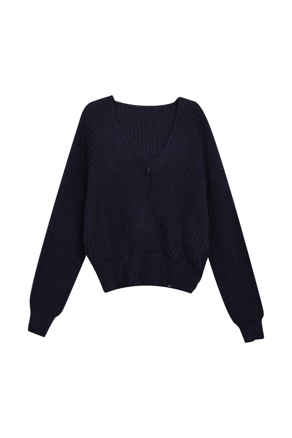 Navy Blue V-Neck Knit Cardigan Set-Up