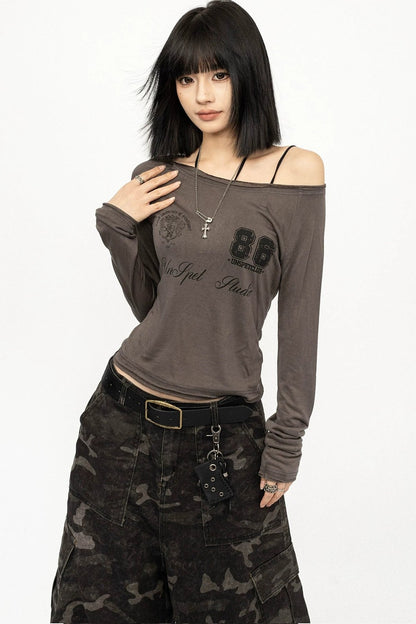 Gray Graphic Off-Shoulder Long Sleeve Top