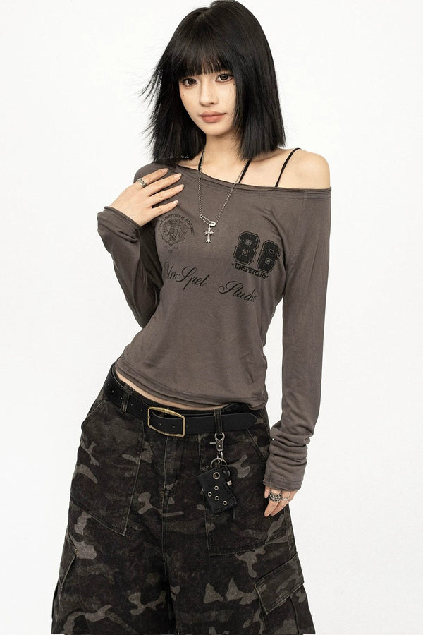 Gray Graphic Off-Shoulder Long Sleeve Top