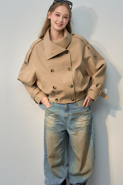 Short Double-Breasted Khaki Trench Coat