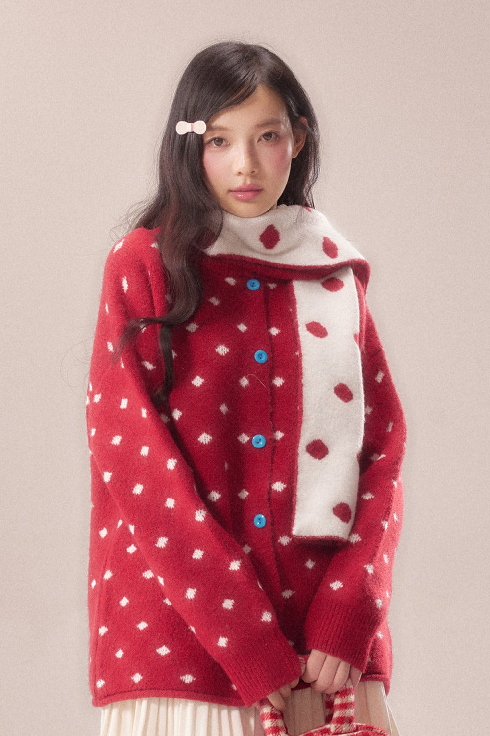 Polka Dot Scarf Knit Cardigan