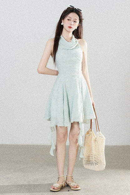 Halter Neck Sleeveless Irregular Hem Ruffle Dress