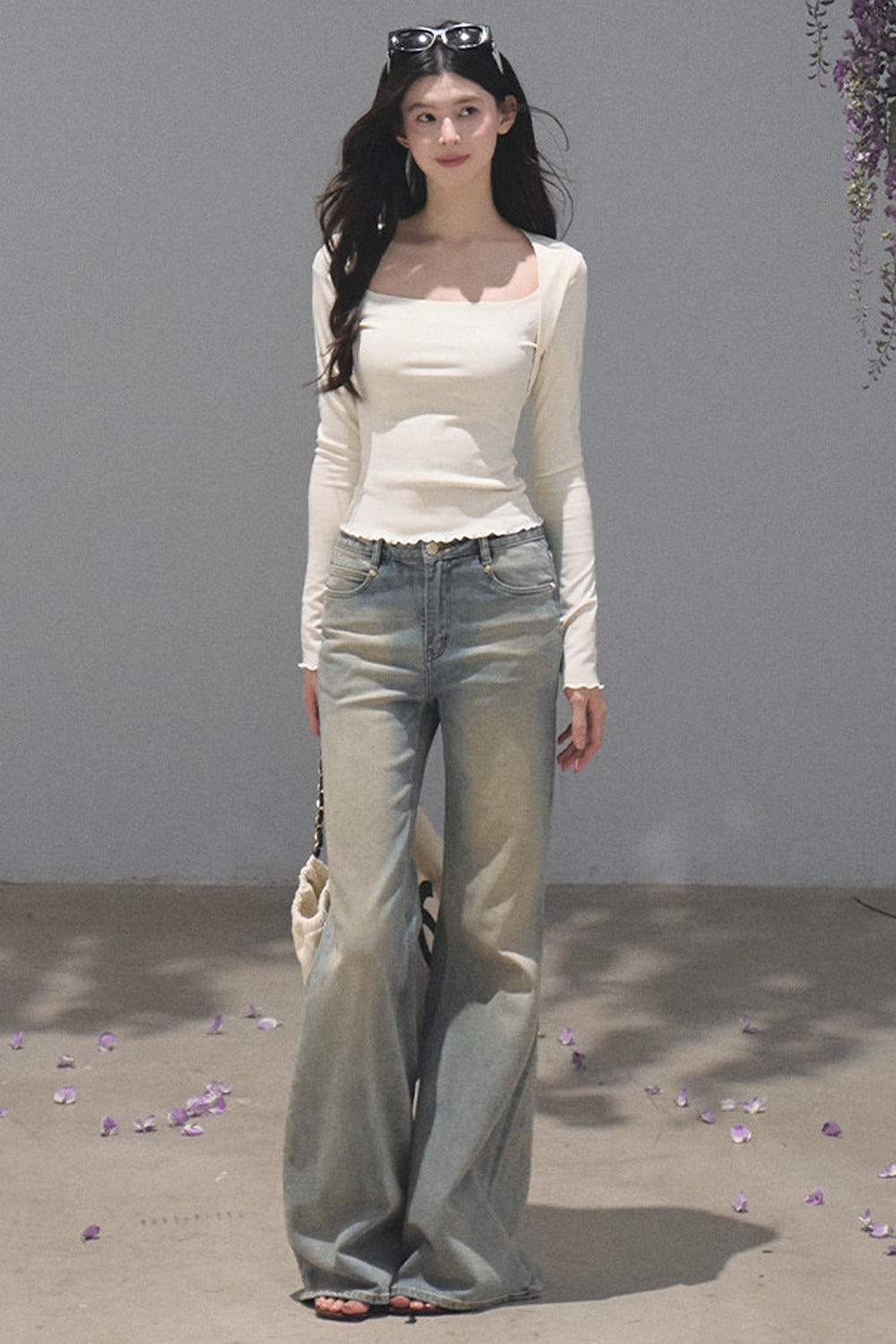 Salt-Washed Gradient Loose Wide-Leg Flared Jeans