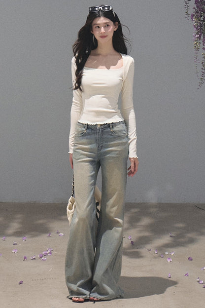 Salt-Washed Gradient Loose Wide-Leg Flared Jeans