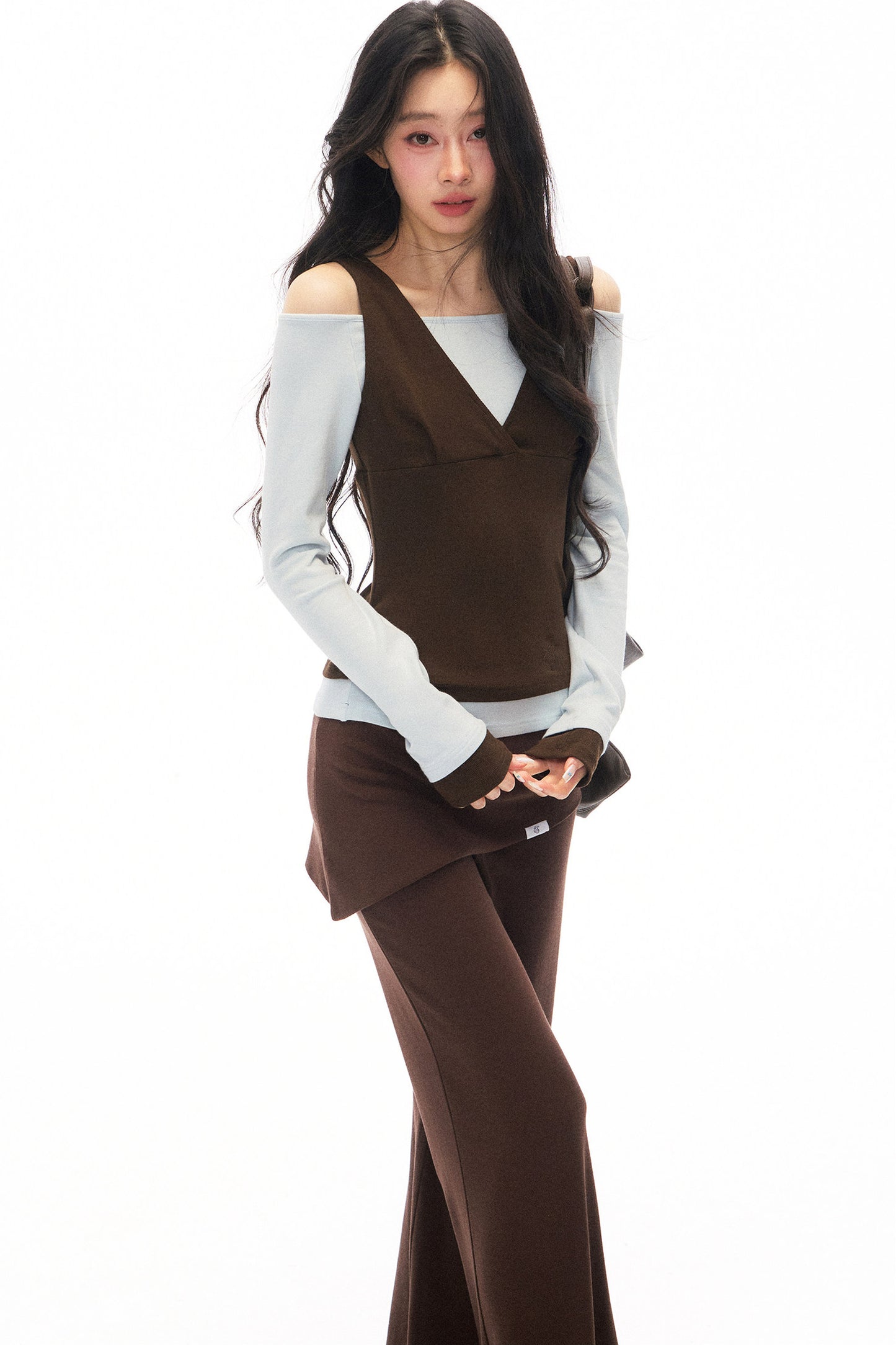 One-Shoulder V-Neck Long-Sleeve T-Shirt and Pants Set-Up