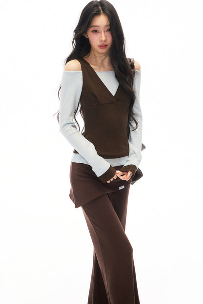 One-Shoulder V-Neck Long-Sleeve T-Shirt and Pants Set-Up