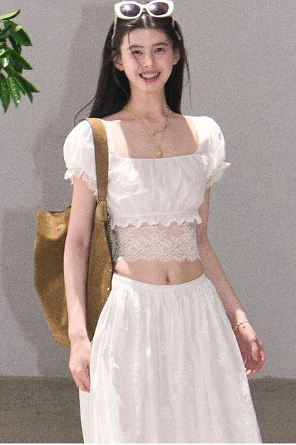 Ensemble haut et jupe en dentelle de coton à motif floral